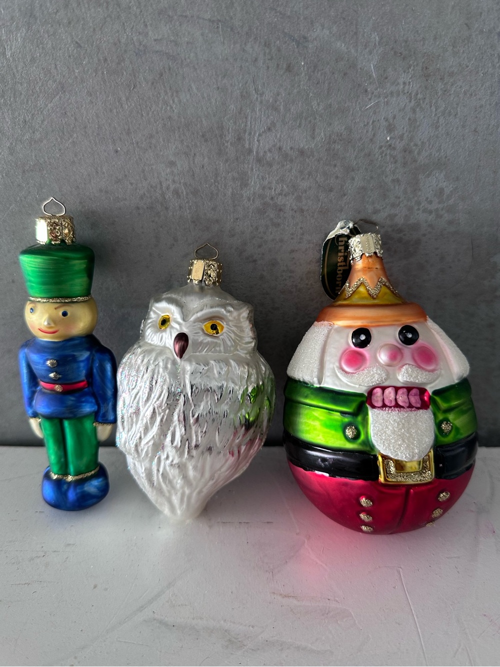 3 Christborn GLASS ORNAMENT'S SANTA ROLY POLY OWL SOLDIER MADE IN GERMANY